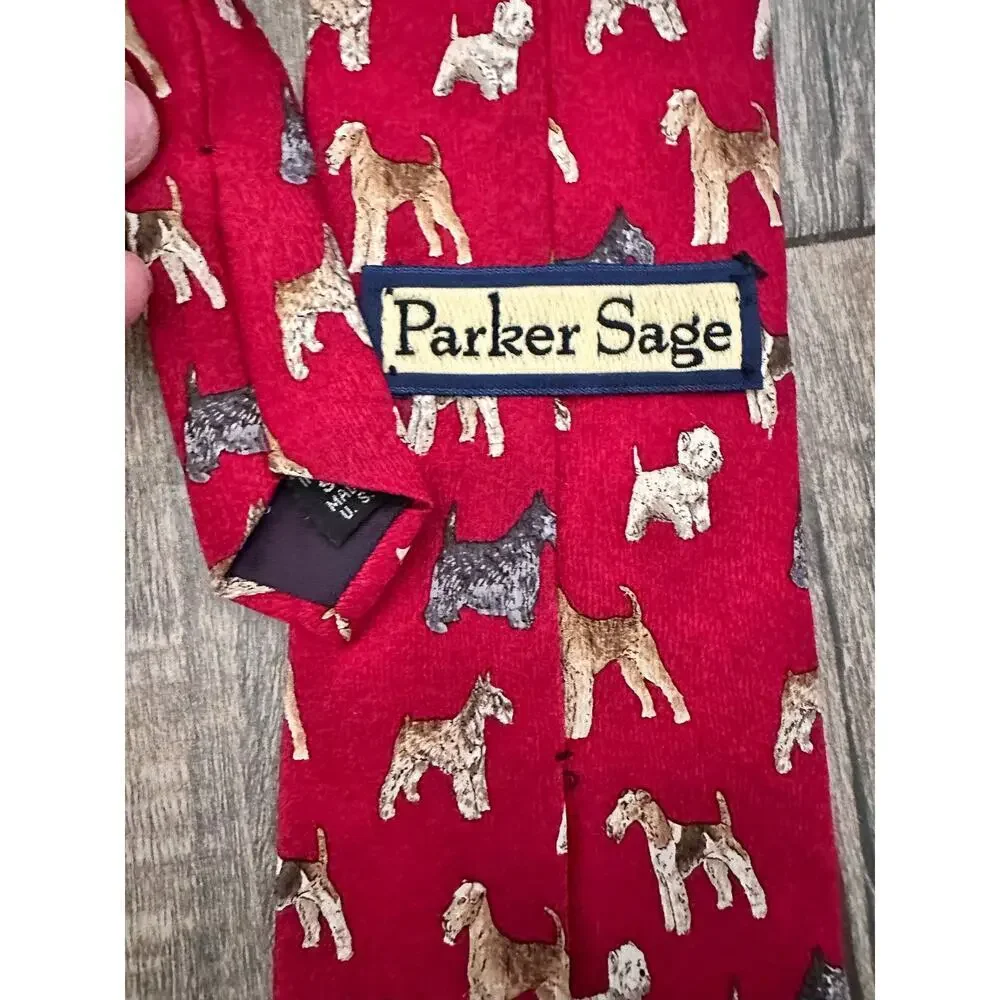 Parker Sage Men's Red 100% Silk Dog mini schnauzer terrier Pattern Neck Tie